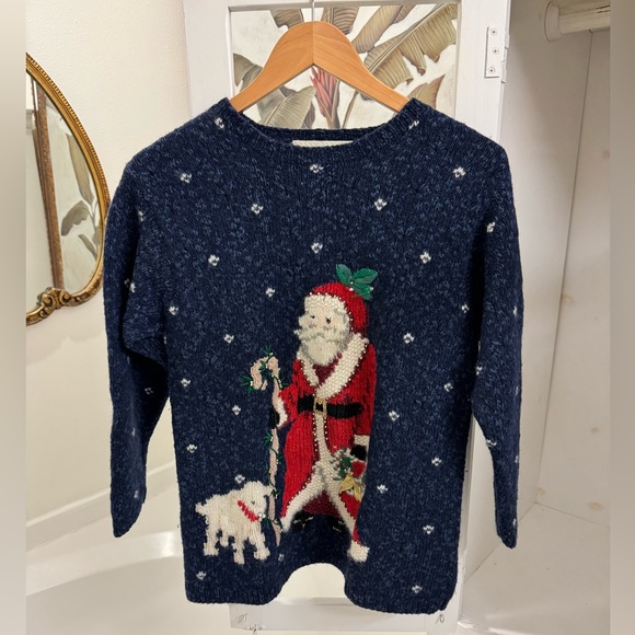 Marisa Christina Sweaters - Vintage womens Christmas Sweater - Santa and Lamb - Beaded - Small/medium